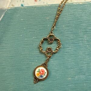 Vintage Gold Floral Pendant Necklace - Gold with Multicolor Enamel